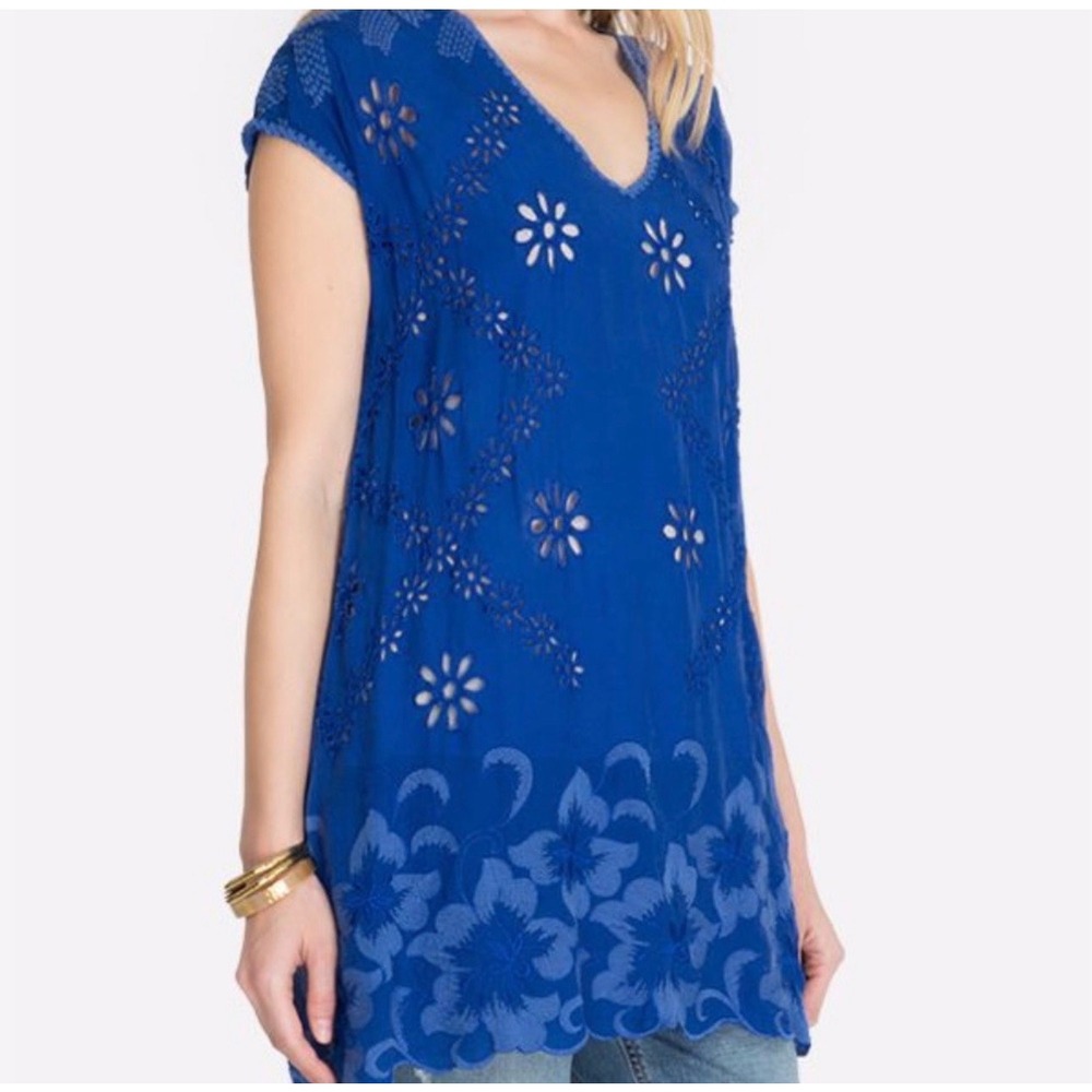 Johnny Was Blue Eyelet Embroidered Tunic Top V-Neck Boho Rayon XL Boho Colorful